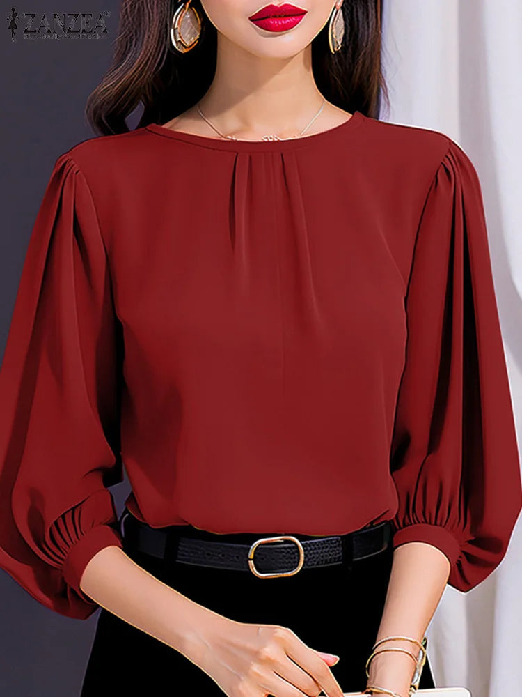 Damenbluse mit 3/4-Ärmeln – Elegante Laternenärmel, lockerer Schnitt